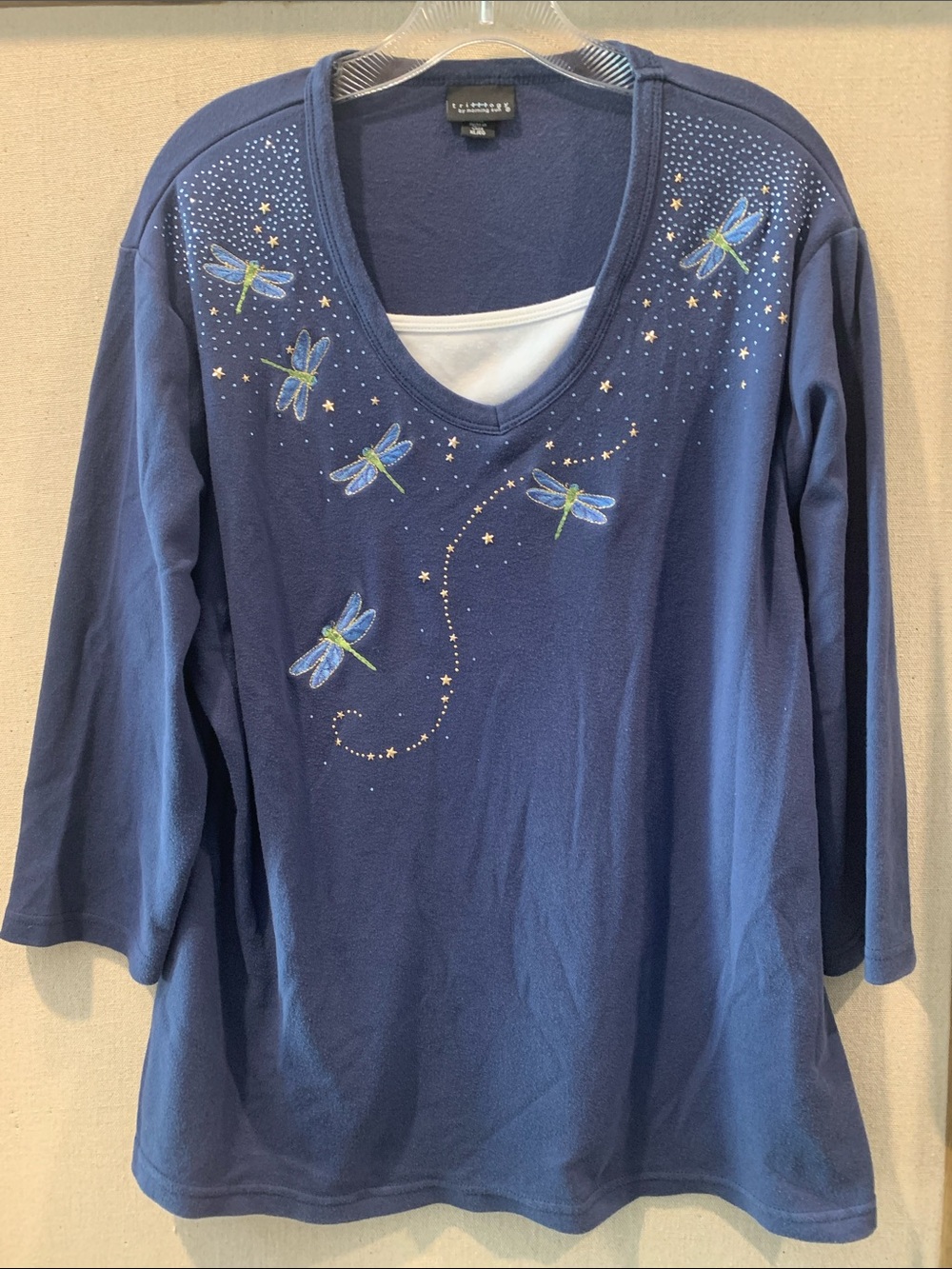 Trilllogy Navy Dragonfly V-Neck 3/4 Sleeve Tee